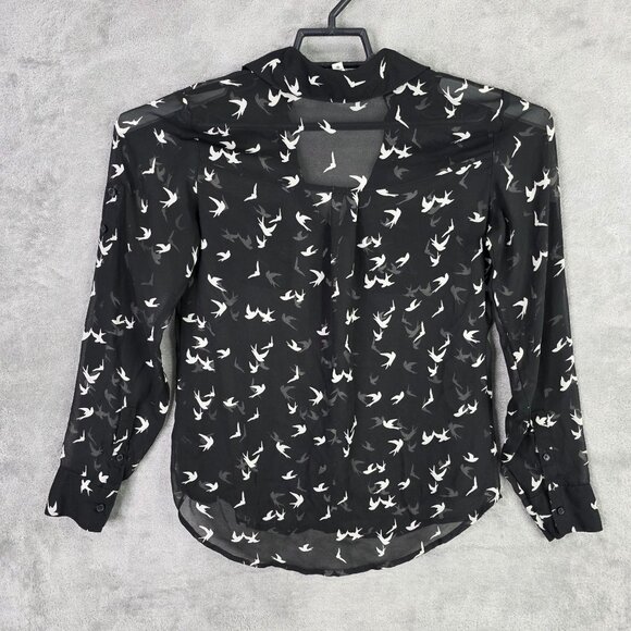Womens Express Black Sheer Portofino Shirt White Bird Print Button Up Size XS - Picture 4 of 7